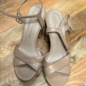 Stuart Weitzman DAYNA PLATFORM. Beige Leather Sandals, Size 8.5